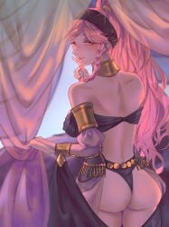 1girls alternate_costume ass back back_view backless_outfit balcony bare_back bare_shoulders bare_thighs big_ass black_panties bra braid breasts commission covered_nipples curtains dancer female female_only finger_to_face fire_emblem fire_emblem_awakening fire_emblem_heroes grabbing holding indoors jtaka large_breasts long_hair looking_at_viewer looking_back nintendo official_alternate_costume olivia_(fire_emblem) olivia_(performing_arts)_(fire_emblem) panties pink_eyes pink_hair ponytail see-through shoulders solo standing thick_thighs thighs twin_braids underwear very_long_hair