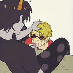 2boys after_sex black_hair black_nails blonde_hair clothing cum cum_on_face dave_strider gamzee_makara gay grey_skin hand_on_head homestuck horns ms_paint_adventures penis short_hair sunglasses troll white_background white_skin