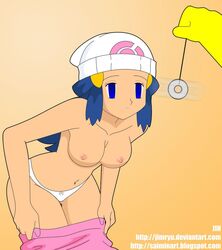 beanie blue_eyes blue_hair breasts clothes color dawn_(pokemon) female hat human hypno hypnosis interspecies jimryu mind_control nipples panties pokemon pokemon_(species) pokephilia tagme topless undressing