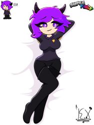 1girls background badge black_boots closed_mouth edit full_body fully_clothed horns k3iberx lila_(character) lilac_eyes lilac_hair lying pose purple_shirt roblox self_upload superpoly worried_expression