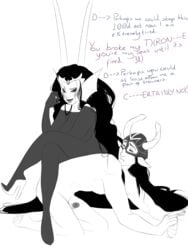 1boy 1girls black_hair clothing crown dialogue expatriate_darkleer fin_piercing fins high_heels homestuck horns long_hair mask monochrome ms_paint_adventures naked nightmare_waifu penis pink_eyes pointy_ears sitting_on_person smileygremlin straight text the_condesce troll white_background white_skin