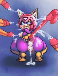 1girls anal_gape anthro ass breasts cum domestic_cat feline female fur furry helmet human male mammal nipples penis pink_fur polly_esther r-fenrir samurai_pizza_cats solo_focus squatting straight tagme tail thick_thighs wide_hips