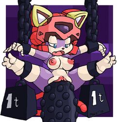 1girls 2010 anthro breasts chains domestic_cat feline female fur furry helmet mammal nipples pink_fur polly_esther praiz pussy samurai_pizza_cats solo tagme tail vaginal_penetration