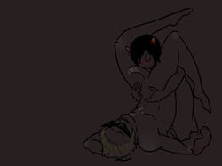 2boys black_hair blonde_hair bro_strider cum cum_on_body gay grey_background grey_skin homestuck horns karkat_vantas licking_penis monochrome ms_paint_adventures naked penis pubic_hair red_eyes short_hair sunglasses troll