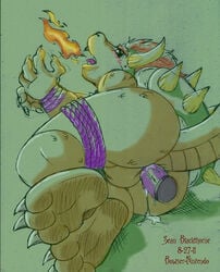 1boy 2011 anal anal_insertion anal_masturbation balls barefoot blush bottomless bound bowser claws fire koopa male male_only mario_(series) nintendo no_humans open_mouth scalie sean_blackthorne solo vibrator