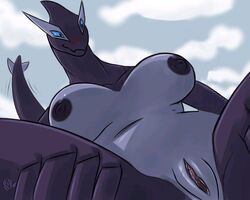 anthro below_view blush breasts color day female female_only legendary_pokémon lugia nintendo nipples nude outdoors pokemon pokemon_(species) pokemon_gsc pokemon_xd shadow_lugia shadow_pokémon solo tagme vulva