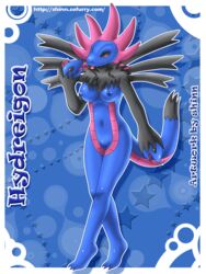 3_toes anthro barefoot black_fur blue_nipples blue_skin breasts claws color female female_only front_view fur hydreigon navel nipples pink_skin pokemon red_eyes shinn solo species_name standing tail tongue vulva