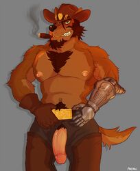 anthro arcarc canine cigar cole_cassidy_(cosplay) cowboy_hat coyote facial_hair flaccid goatee hat male male_only mammal overwatch overwatch_2 penis penis_through_fly poking_out smoking video_games