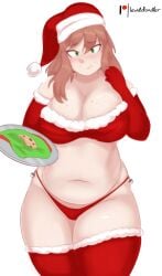 1girls belly big_belly big_breasts breasts chubby cookie doki_doki_literature_club fat female female_only green_eyes lewddoodler light-skinned_female light_skin monika_(doki_doki_literature_club) santa_costume santa_hat solo solo_female standing thick_thighs thighhighs white_background