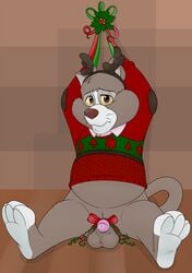 anthro arms_tied balls bottomless bound christmas christmas_sweater clothed clothing disney douglas_benson embarrassed erection fake_antlers feline flat_colors front_view half-dressed hi_res holidays humanoid_penis looking_at_viewer male male_only mammal neenya penis penis_ribbon raised_arm ribbons sheath sitting slightly_chubby small_penis spread_legs spreading sweater talespin whiskers