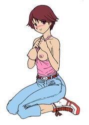 blush breasts digimon digimon_data_squad digimon_savers female female_only fujieda_yoshino nipples pale_skin partially_clothed pointy_chin sitting solo tagme