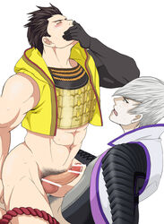 2boys abs anal ass blush bottomless censored clothing cum duo gloves ieyasu_tokugawa ishida_mitsunari_(sengoku_basara) male male_only multiple_boys muscle pecs pubic_hair sengoku_basara sex sitting_on_person straddling tokugawa_ieyasu_(sengoku_basara) undressing wince yaoi