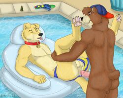 anal bear canine floaty furry hindpaw jupiterfox male multiple_males no_humans paws pool speedo swimsuit yaoi