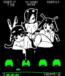 3girls female humanized minus8 multiple_girls open_mouth pixel_art space_invaders tagme taito video_game