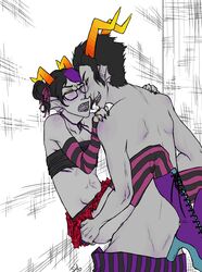 2boys against_wall anal ancestors artist_request black_hair black_nails bow clothed crossdressing dubious_consent eridan_ampora fins glasses grey_skin homestuck horns male march!eridan ms_paint_adventures open_mouth orphaner_dualscar platform_heels purple_highlights rings sharp_teeth short_hair skirt troll tubetop yaoi yellow_eyes