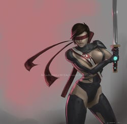 1girls blindfold breasts brown_hair color female female_only front_view genderswap_(mtf) hair holding holding_sword kenshi_takahashi madi_blitz mortal_kombat overhand_grip rule_63 short_hair solo standing sword tan_skin weapon