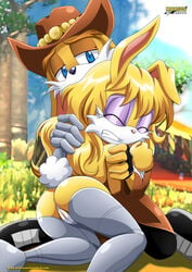 1boy 1girls ass blue_eyes bunnie_rabbot bunny_girl cyborg female furry long_hair mechanical_arm mechanical_leg mobius_unleashed nude nude_female pussy sonic_(series)