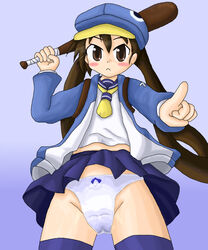 1girls ascot baseball_bat blush brown_eyes brown_hair cap disgaea disgaea_4 female fuka_kazamatsuri jacket panties serafuku skirt solo stockings twintails