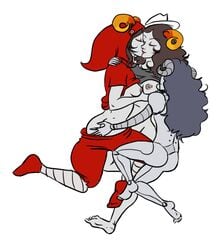 3girls aradia_megido aradiabot ass ass_grab black_hair breasts closed_eyes clothing female female_only grey_skin hat homestuck hoodie horns kissing lesbian long_hair ms_paint_adventures multiple_girls naked nipples red_lips robot_girl selfcest shirt_lift silver_hair skirt_pull troll white_background