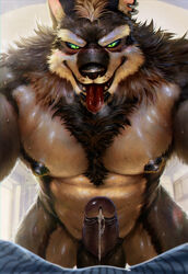 2020 anthro balls beard biceps black_body black_fur black_sclera blush bodily_fluids body_hair breath canid canine canis chest_tuft digital_media_(artwork) digital_painting_(artwork) dripping_precum drooling ear_piercing erection facial_hair first_person_view front_view fur furgonomics genital_fluids genitals glans green_eyes grey_body grey_fur happy_trail hi_res humanoid_genitalia humanoid_penis inside leaking_precum looking_at_viewer male male_only mammal manly multicolored_body multicolored_fur muscular muscular_anthro muscular_male nipples nude nviek5 open_mouth pecs penis penis_towards_viewer piercing precum precum_drip pupils saliva sharp_teeth slit_pupils submissive submissive_pov sweat teeth thick_penis tongue tongue_out tuft white_body white_fur wolf