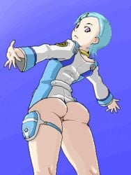 1girls ass back_view blue_clothing bottomless eureka eureka_seven female female_only green_hair isu looking_at_viewer no_panties partially_clothed pixel_art pussy solo solo_female standing tagme thick_thighs