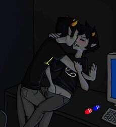 2boys black_hair blush closed_eyes clothing computer gay glasses grey_skin hand_in_pants homestuck horns karkat_vantas ms_paint_adventures pointy_ears short_hair sollux_captor troll