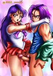 1boy 1girls bishoujo_senshi_sailor_moon bottomless choker circlet clothes clothing color crossover dragon_ball dragon_ball_z elbow_gloves female future_trunks human long_hair male miniskirt mmario_grant mmg no_panties penis pubic_hair purple_hair pussy raised_leg rei_hino sailor_mars side_view skirt small_breasts standing trunks_briefs uncensored vulva