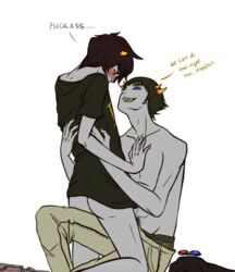 2boys ass black_hair blue_eyes blush clothing gay glasses grey_skin homestuck horns karkat_vantas looking_up ms_paint_adventures pubic_hair sharp_teeth short_hair sollux_captor text troll white_background yellow_eyes