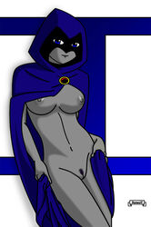 blue_eyes breast cap dc dc_comics female forehead_jewel grey_skin hood looking_at_viewer medium_breasts nipples nude pubic_hair purple_eyes purple_hair rachel_roth ranwolf raven_(dc) smooth_skin solo teen_titans