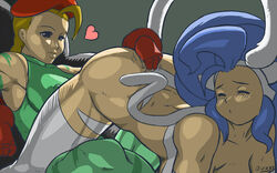 2girls 69 ahoge animal_ears armpits ass beret big_ass big_breasts big_hair blonde_hair blue_eyes blue_hair braid breasts cammy_white camouflage cat_ears cat_tail cleavage closed_eyes clothing crossover dark_skin darkstalkers erect_nipples erect_nipples_under_clothes felicia_(darkstalkers) female female_only fingering hat heart huge_ahoge human juzztie large_ass large_breasts leotard long_hair multiple_girls small_breasts spoken_heart street_fighter tail thighhighs twin_braids white_legwear yuri