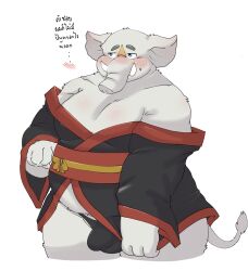 anthro asian_clothing blush bulge clothed clothing dragon_night800 east_asian_clothing elephant elephantid embarrassed erection erection_under_clothing grey_body hi_res hizen_(tamacolle) japanese_clothing kimono male male_only mammal proboscidean solo tamacolle thong tusks underwear