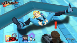 ! 1boy 1girls blonde_hair blue_eyes blush breast_grab breasts female fingering human male masturbation metal_gear metal_gear_solid metroid nintendo pussy pussy_juice samus_aran solid_snake spread_legs straight super_smash_bros. super_smash_bros._brawl text torn_clothes wet zero_suit zero_suit_samus