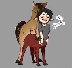 2017 anal anal_penetration anal_sex black_hair brown_eyes brown_fur brown_hair centaur clothed clothed_sex clothing dialogue duo english_text equine equine_taur feral feral_on_taur feral_penetrating_taur from_behind_position fur grey_background hair hooves horse light_skin looking_pleasured male male_only male_penetrating mammal motion_lines no_sclera open_mouth penetration penile_penetration quadruped sex shirt simple_background speech_bubble standing sweat taur taur_penetrated teeth text thelemonadestand yaoi zoophilia