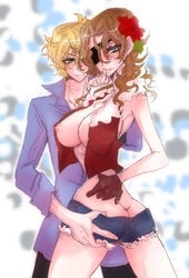 beige_skin blonde_hair breasts brown_hair closed_mouth clothes color eye_patch female flower gloves graham_aker green_eyes gundam gundam_00 hair hair_flower human lockon_stratos looking_at_viewer male nipples open_clothes open_eyes rule_63 short_hair skimpy_clothes