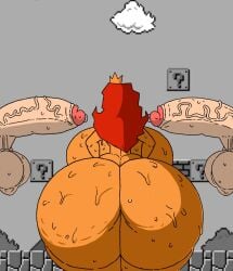 2boys1girl back_view big_breasts big_butt bubble_butt completely_nude_female crown large_breasts large_butt mario_(series) massive_butt nintendo princess_peach red_hair super_mario_bros. super_mario_bros._(nes) sweating themadguy_(editor) varix wet wet_skin