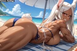 1girls abs ai_generated ass ass beach big_breasts bikini black_skin blue_bikini boku_no_hero_academia breasts bunny_ears bunny_girl bunny_tail camel_toe cameltoe dark-skinned_female dark_skin female from_behind large_breasts laying_down laying_on_floor long_eyelashes long_hair looking_at_viewer miruko muscular muscular_female my_hero_academia perfect_body pose red_eyes smirk smirking smirking_at_viewer thick_thighs thighs white_hair