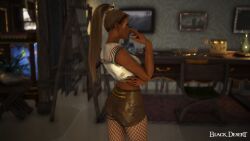 3d arab_female arabian_female bdo beurette black_desert black_desert_online brown_shorts commentary_request dark-skinned_female exposed fishnets french_arab game_screenshot irl_character leather_shorts white_fishnets yourbdoslave