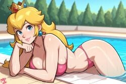 1girls ai_generated bikini bikini_bottom bikini_top bimpi blonde_hair blue_eyes breasts clothing crown ear_piercing eyelashes female female_only human human_only light-skinned_female light_skin long_hair looking_at_viewer mario_(series) mature mature_female nintendo outdoors pink_bikini pink_bikini_bottom pink_bikini_top pool princess princess_peach royalty smile solo solo_female solo_focus trees voluptuous voluptuous_female water