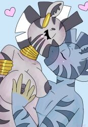 anthro anykoe blush breast_grab breasts closed_eyes duo equid equine fan_character female floating_hearts friendship_is_magic hand_on_breast hasbro inner_ear_fluff jewelry kissing male male/female mammal my_little_pony signature simple_background tuft zebra zecora_(mlp)