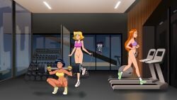 1boy 3girls alex_(totally_spies) athletic_female background bottomless bottomless_female casual clothing clover_(totally_spies) commission dark_skin deadinside97 embarrassed excited exposed_pussy female green_sneakers group gym gym_uniform headband human jump_rope k.o._(ok_k.o.!_let's_be_heroes) kaio_kincaid nosebleed ok_k.o.!_let's_be_heroes pale_skin pink_sports_bra purple_sports_bra red_sneakers running sam_(totally_spies) sneakers socks sports_bra sportswear strength totally_spies treadmill vagina weightlifting workout yellow_gloves yellow_sneakers yellow_sports_bra