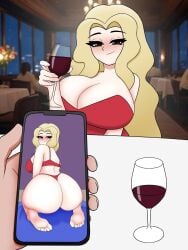 1boy 1girls ass big_breasts blonde_hair breasts british british_female cleavage clothed_female dandydark dat_ass date feet holding_phone light-skinned_female long_hair original phone phone_screen photo_comparison pov uk_(what_if_animation) united_kingdom_(countryhumans) what_if_animation(artist) wine wine_glass