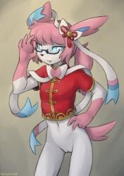 2025 5_fingers absurd_res anthro asian_clothing blue_sclera bottomless bottomless_anthro breasts chinese_clothing chinese_new_year clothed clothed_anthro clothed_female clothing digital_media_(artwork) east_asian_clothing eeveelution eyewear female fingers front_view fur generation_6_pokemon genitals glasses hair hi_res holidays looking_at_viewer navel nintendo pantsless pantsless_anthro pantsless_female partially_clothed partially_clothed_anthro partially_clothed_female pink_hair pink_tail pokemon pokemon_(species) pussy sealer4258 small_breasts solo standing sylveon tail topwear topwear_only white_body white_eyes white_fur