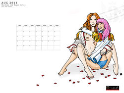 2011 2girls august_(month) breasts calendar_(medium) female juri_arisugawa looking_at_viewer multiple_girls nipples pink_hair revolutionary_girl_utena trdl utena_tenjou yuri