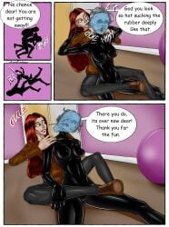 2girls aqua_enjoyer asphyxiation breathplay choking comic_page female gray_hair latex latex_sheet latex_suit no_sex red_head suffocation