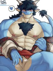 abs anothereidos_of_dragon_vein_r anthro blue_hair body_hair bottomless chest_hair clothed clothing dragon facial_hair fingering folker_(anothereidos_r) hair hi_res horn male mengputih muscular muscular_male mythological_creature mythological_scalie mythology navel nipples pink_nipples ponytail pubes scalie sideburns slit_fingering solo