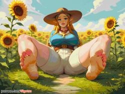 ai_generated arms_behind_back barefoot feet foot_fetish foot_focus gigatsu looking_at_viewer nintendo seductive seductive_pose sitting sky sole_female soles spread_legs summer the_legend_of_zelda toes zelda_(breath_of_the_wild)