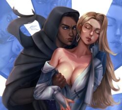 2d big_breasts blonde_hair breasts canon_couple cleavage cloak_(marvel) cloak_(marvel_rivals) cloak_and_dagger couple dagger_(marvel) dagger_(marvel_rivals) dark-skinned_male elena_new_art female female_focus interracial marvel marvel_rivals tandy_bowen tyrone_johnson undressing