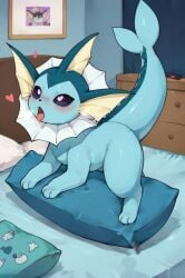 ai_generated bed blush full_body heart indoors no_humans open_mouth pillow pokemon_(creature) purple_eyes tongue