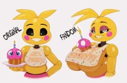 1girls big_breasts bigdon1992 breasts canon_vs_fanon cleavage clothed clothing cupcake cupcake_(fnaf) eyebrows eyelashes eyes female female_focus female_only five_nights_at_freddy's five_nights_at_freddy's_2 fnaf fnaf_2 fur furry heart heart-shaped_pupils scottgames solo toy_chica_(fnaf) toy_chica_(love_taste)