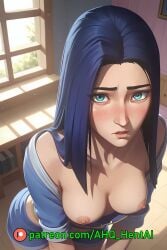 1girls ahq_hentai ai_generated arcane arcane_caitlyn blue_hair blush breasts caitlyn_kiramman exposed_breasts league_of_legends medium_breasts nipples nsfw pajamas shy solo_female stable_diffusion